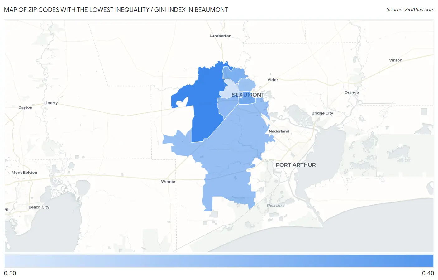 Zip Codes with the Lowest Inequality / Gini Index in Beaumont Map