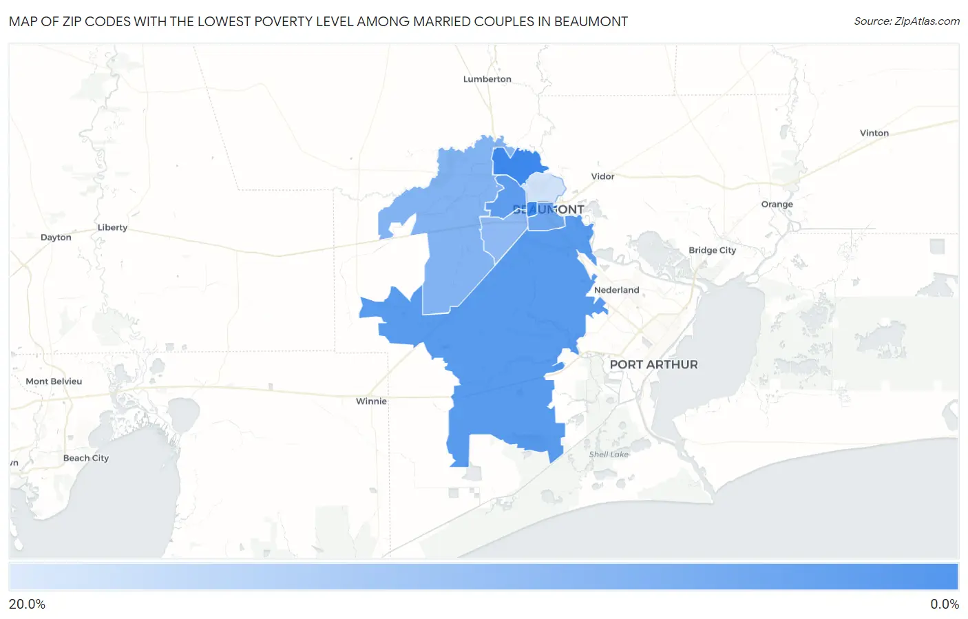 Zip Codes with the Lowest Poverty Level Among Married Couples in Beaumont Map