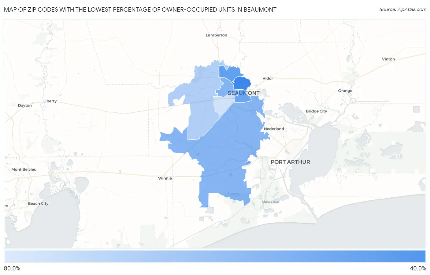 Zip Codes with the Lowest Percentage of Owner-Occupied Units in Beaumont Map