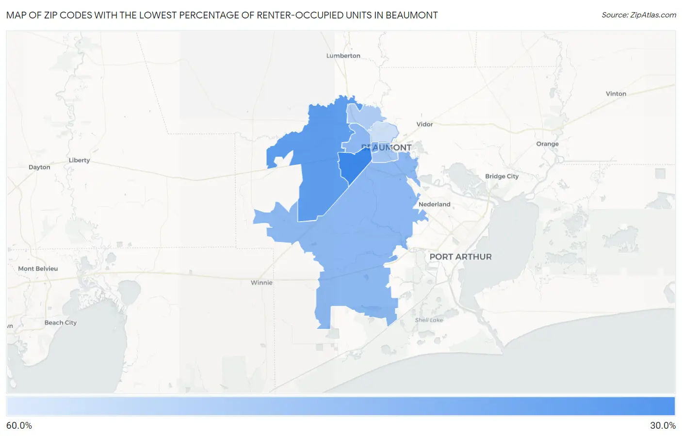 Zip Codes with the Lowest Percentage of Renter-Occupied Units in Beaumont Map
