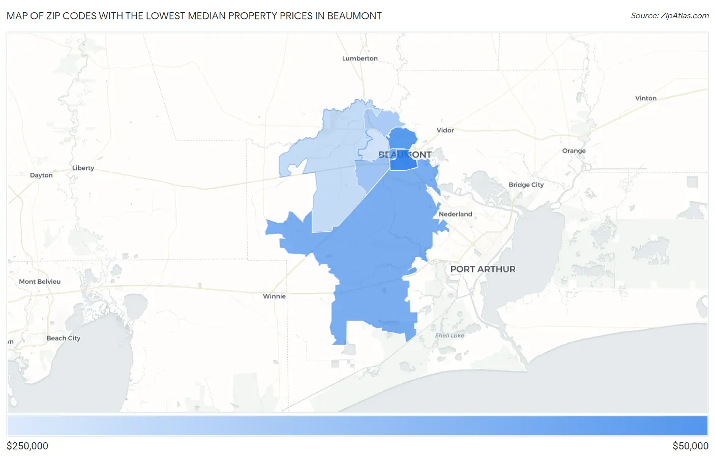 Zip Codes with the Lowest Median Property Prices in Beaumont Map