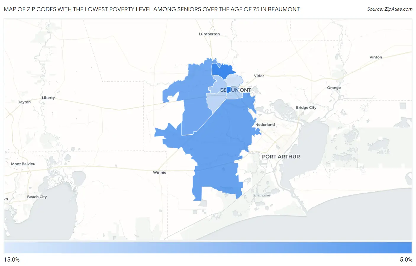 Zip Codes with the Lowest Poverty Level Among Seniors Over the Age of 75 in Beaumont Map