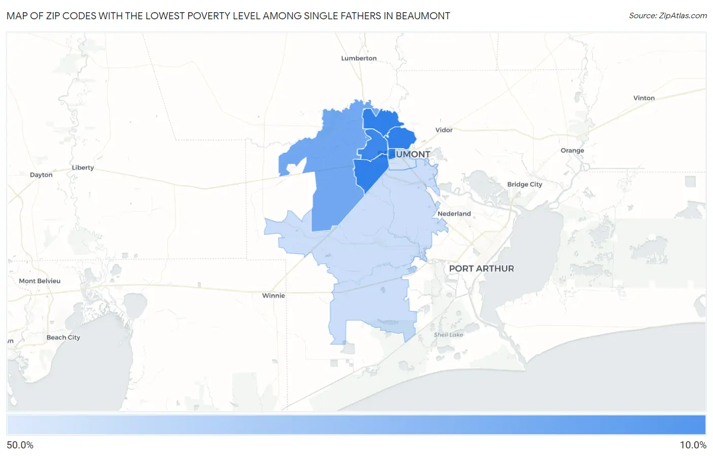 Zip Codes with the Lowest Poverty Level Among Single Fathers in Beaumont Map