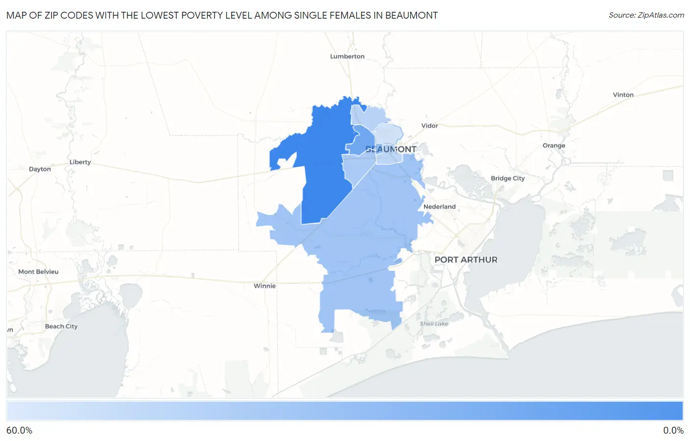 Zip Codes with the Lowest Poverty Level Among Single Females in Beaumont Map