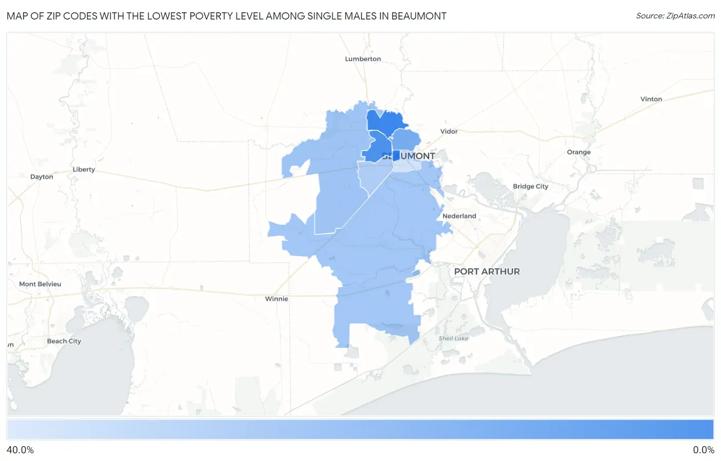Zip Codes with the Lowest Poverty Level Among Single Males in Beaumont Map