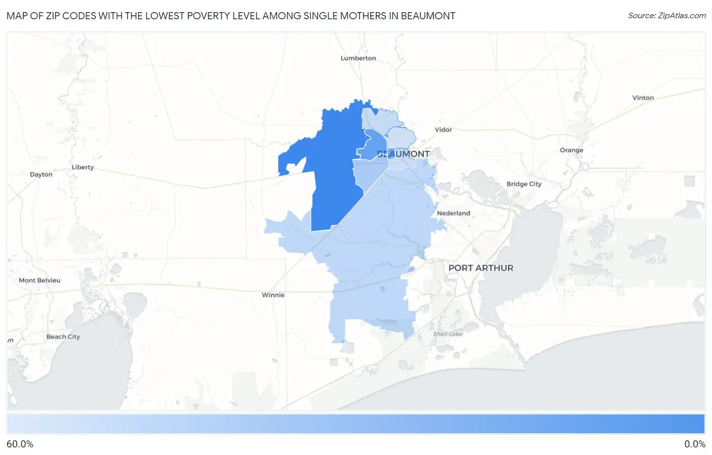 Zip Codes with the Lowest Poverty Level Among Single Mothers in Beaumont Map