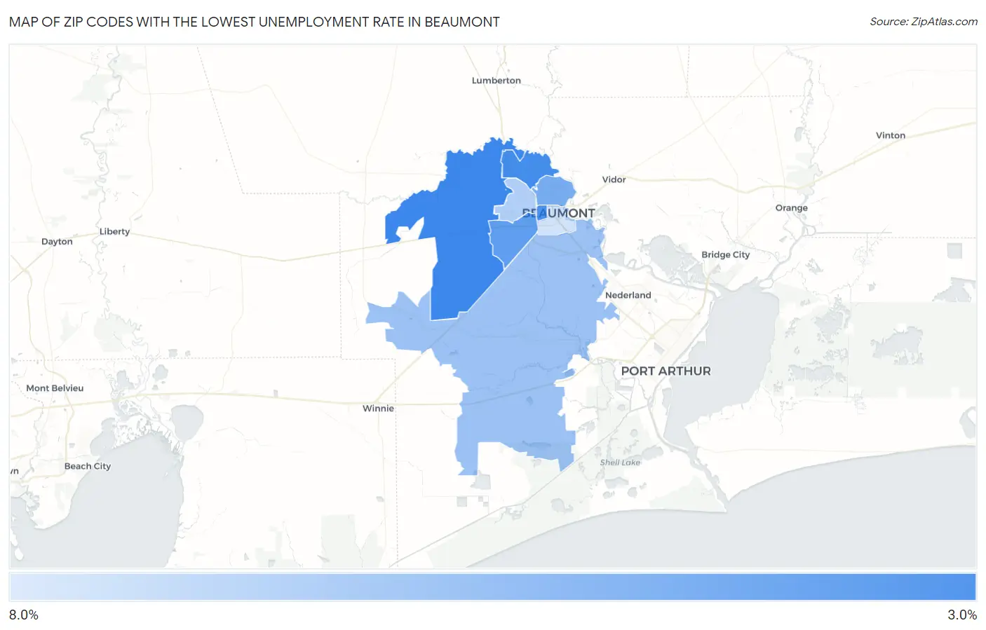 Zip Codes with the Lowest Unemployment Rate in Beaumont Map
