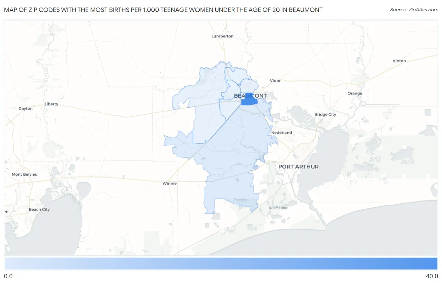 Zip Codes with the Most Births per 1,000 Teenage Women Under the Age of 20 in Beaumont Map
