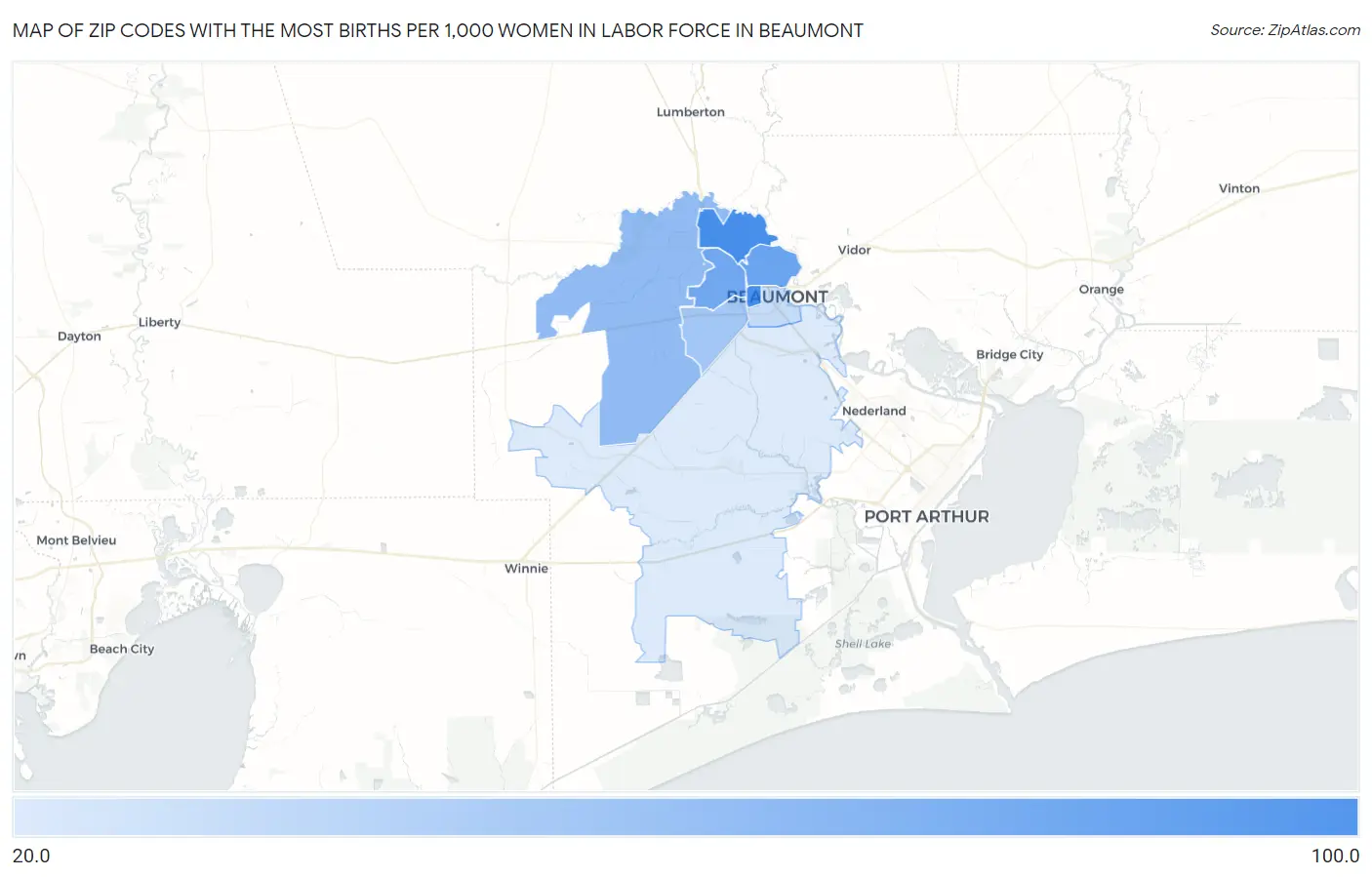 Zip Codes with the Most Births per 1,000 Women in Labor Force in Beaumont Map