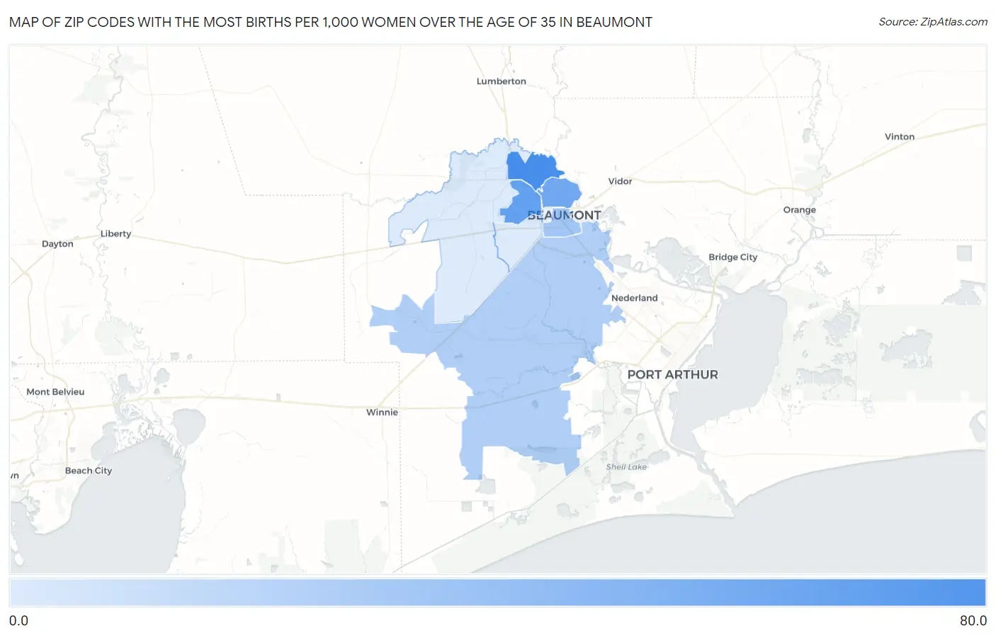 Zip Codes with the Most Births per 1,000 Women Over the Age of 35 in Beaumont Map