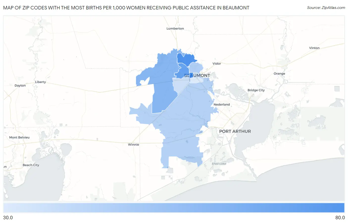 Zip Codes with the Most Births per 1,000 Women Receiving Public Assitance in Beaumont Map