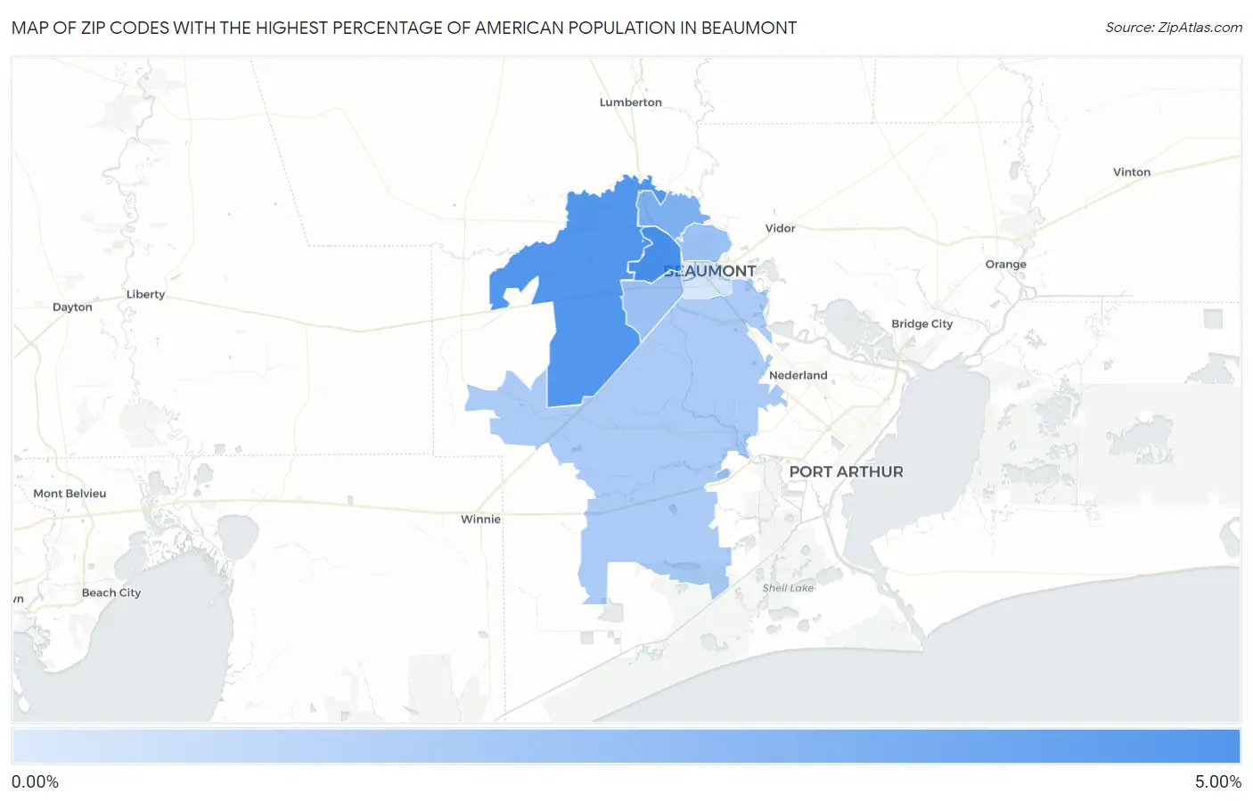 Zip Codes with the Highest Percentage of American Population in Beaumont Map
