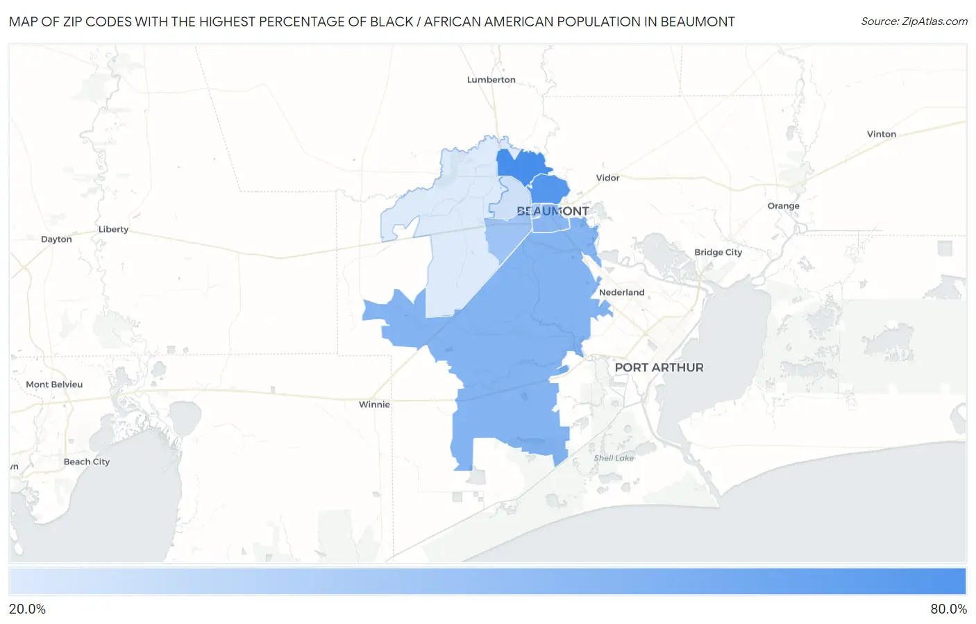 Zip Codes with the Highest Percentage of Black / African American Population in Beaumont Map