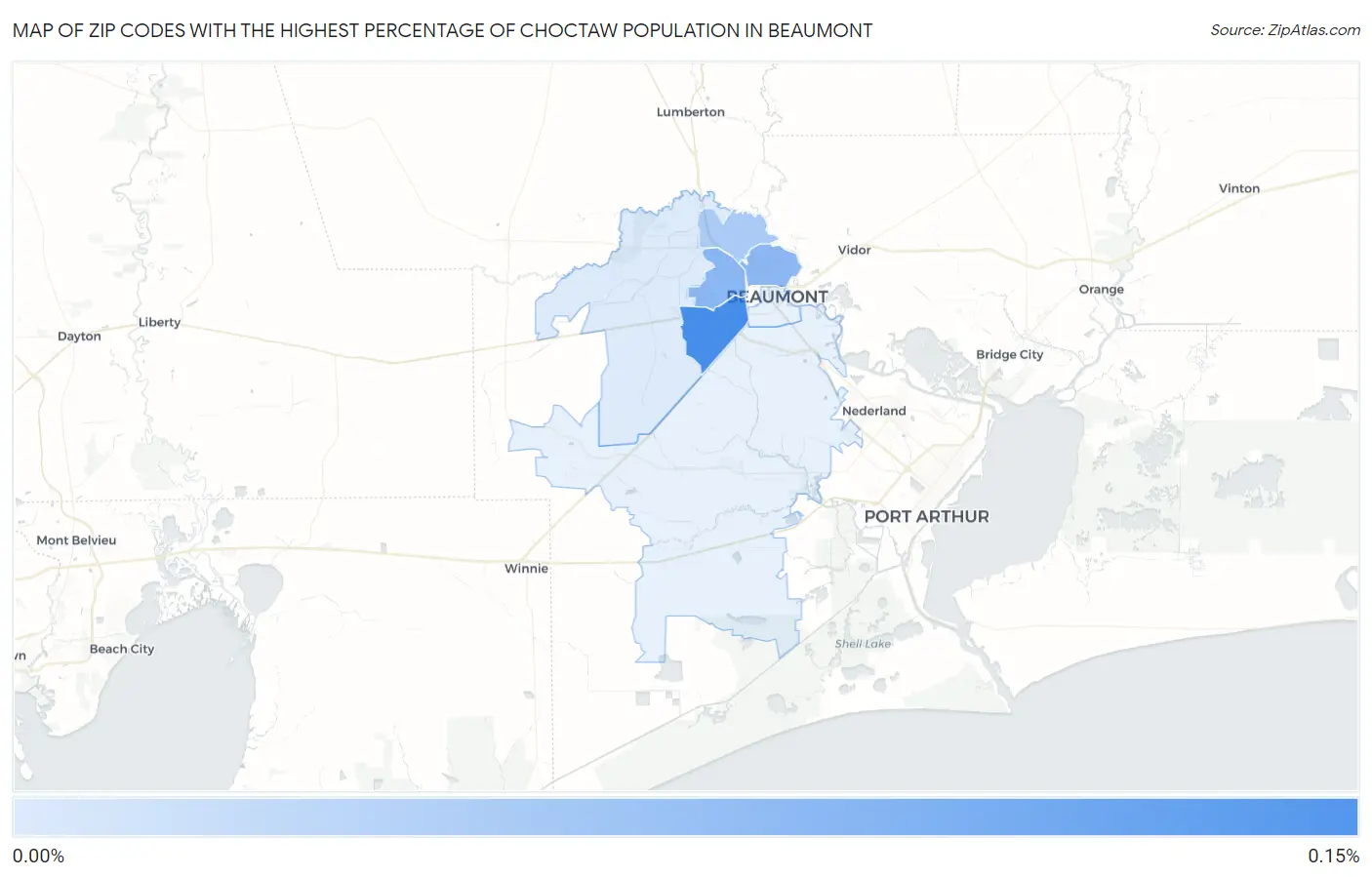 Zip Codes with the Highest Percentage of Choctaw Population in Beaumont Map