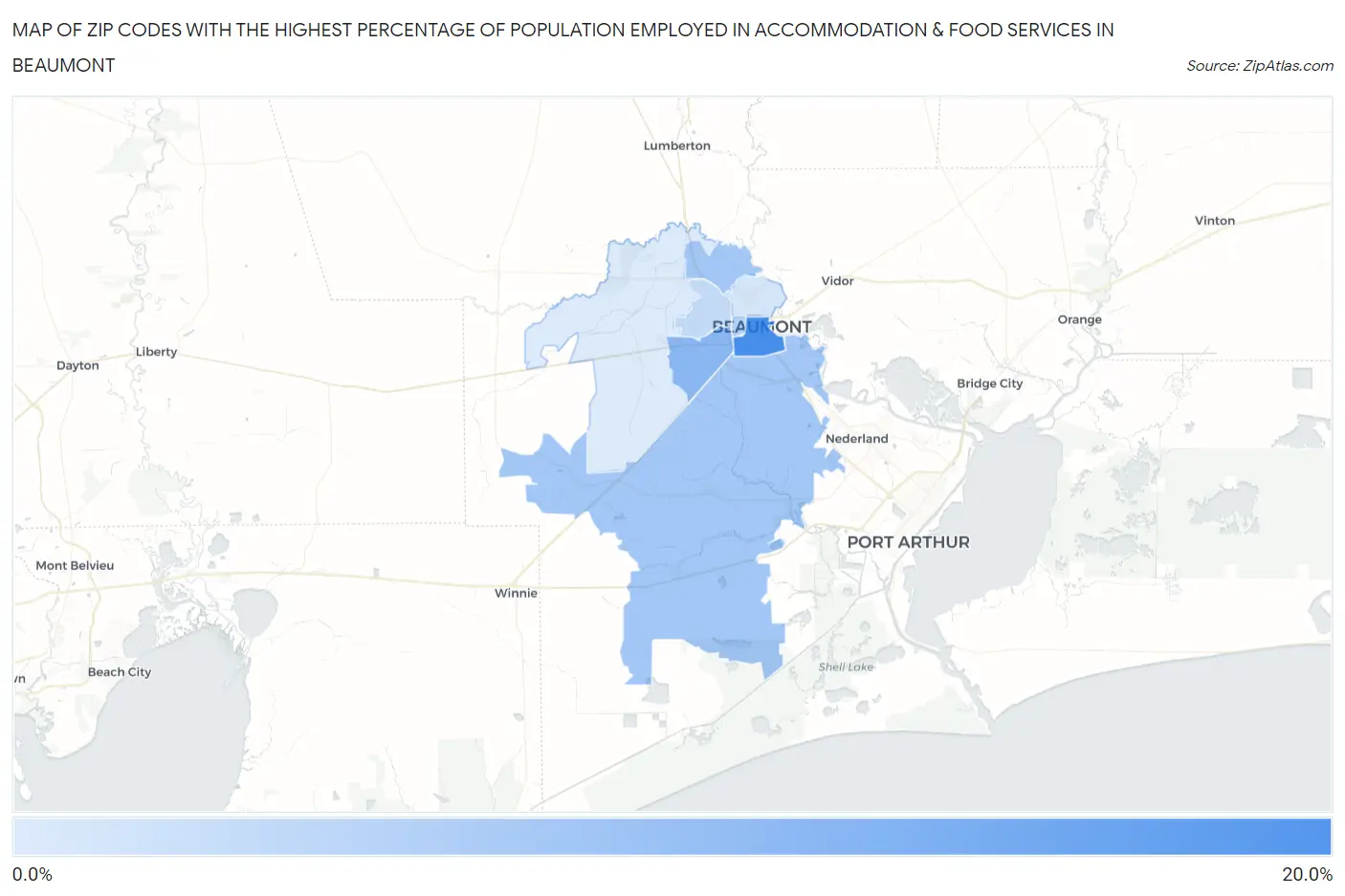 Zip Codes with the Highest Percentage of Population Employed in Accommodation & Food Services in Beaumont Map