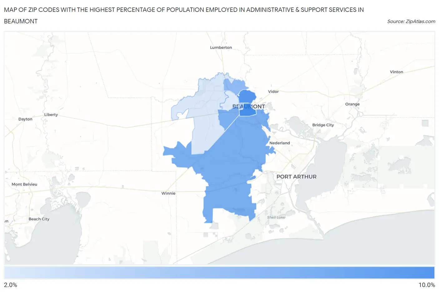 Zip Codes with the Highest Percentage of Population Employed in Administrative & Support Services in Beaumont Map