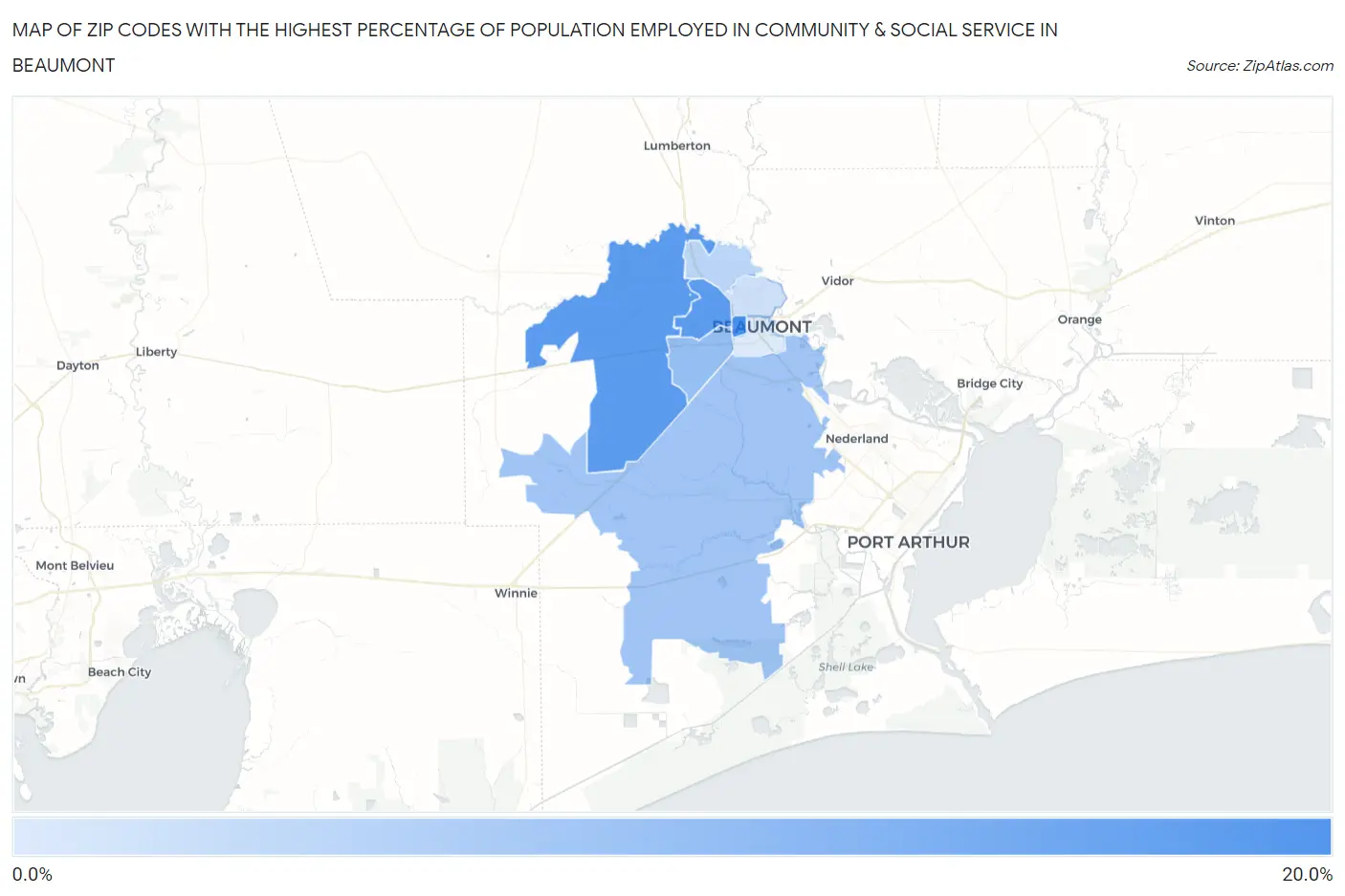 Zip Codes with the Highest Percentage of Population Employed in Community & Social Service  in Beaumont Map