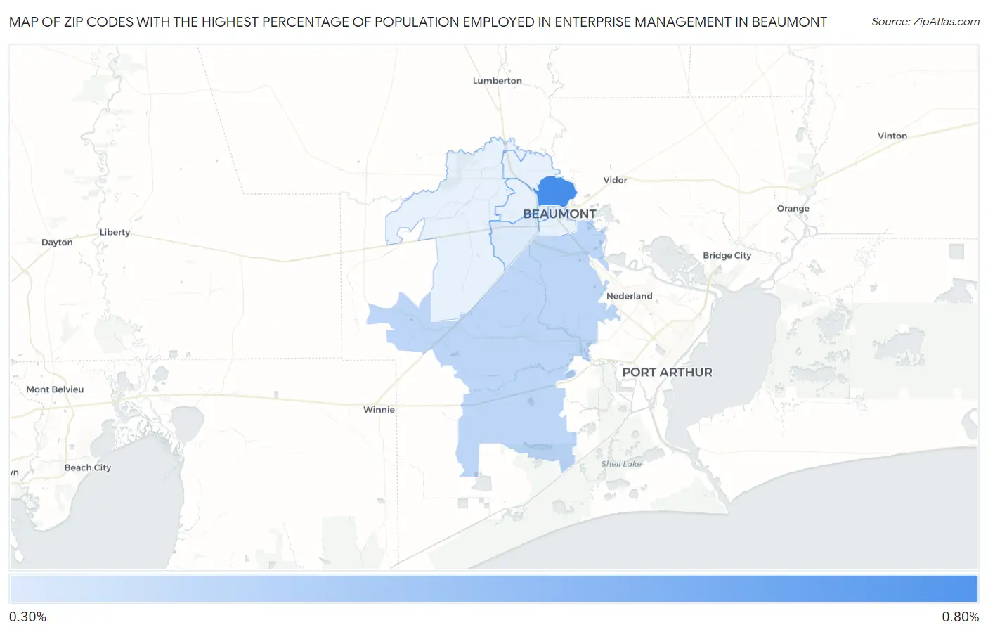 Zip Codes with the Highest Percentage of Population Employed in Enterprise Management in Beaumont Map