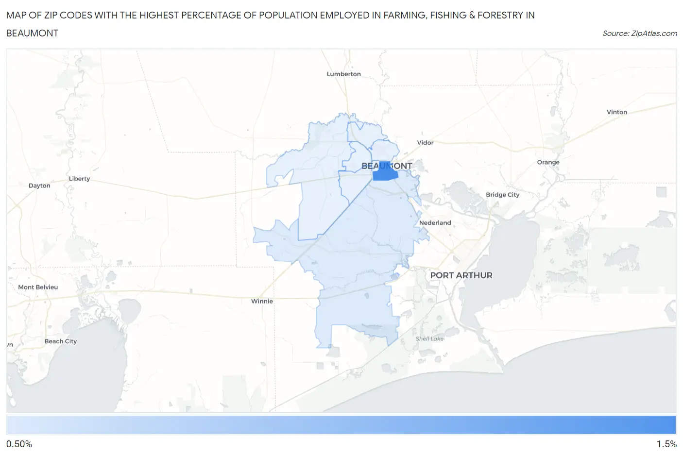 Zip Codes with the Highest Percentage of Population Employed in Farming, Fishing & Forestry in Beaumont Map