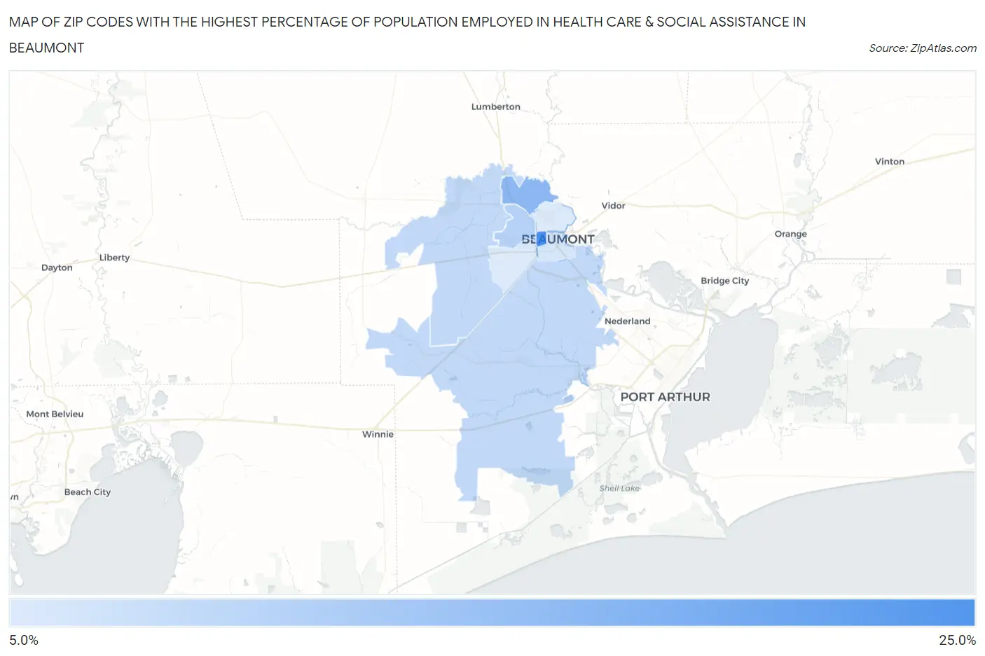 Zip Codes with the Highest Percentage of Population Employed in Health Care & Social Assistance in Beaumont Map