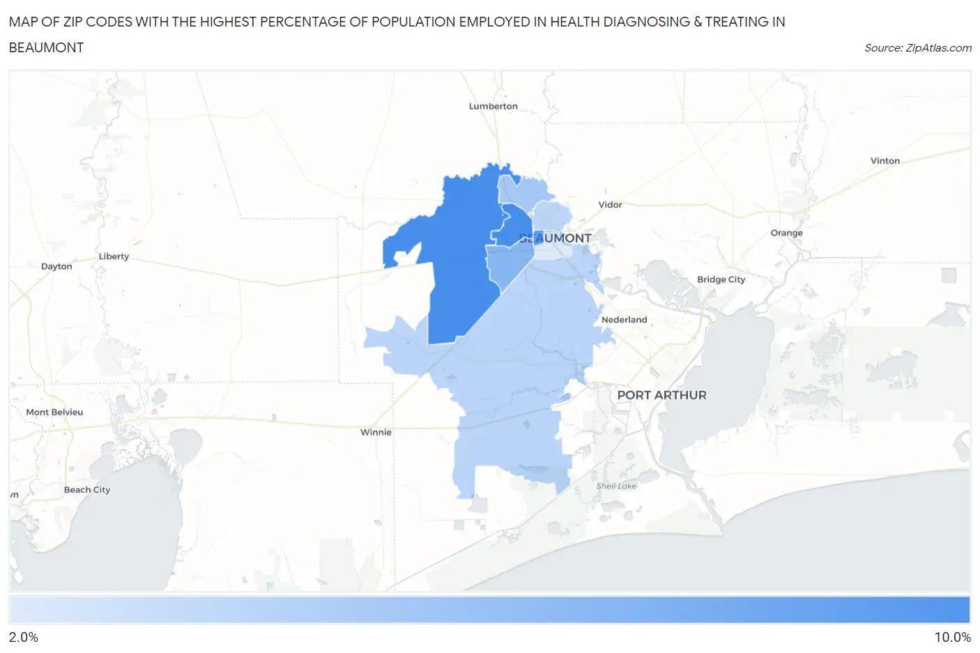 Zip Codes with the Highest Percentage of Population Employed in Health Diagnosing & Treating in Beaumont Map