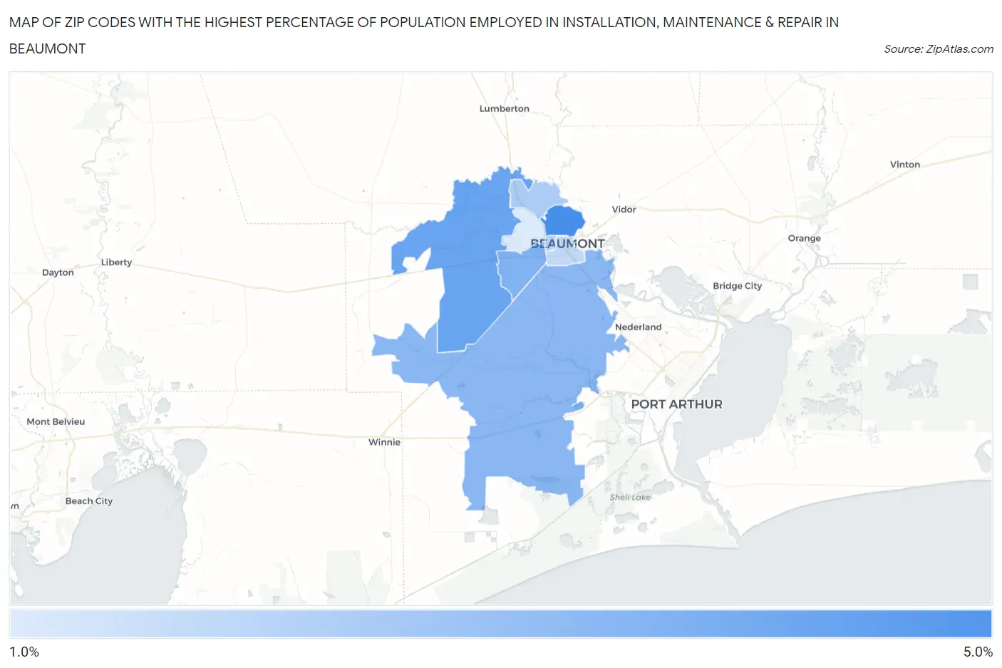 Zip Codes with the Highest Percentage of Population Employed in Installation, Maintenance & Repair in Beaumont Map