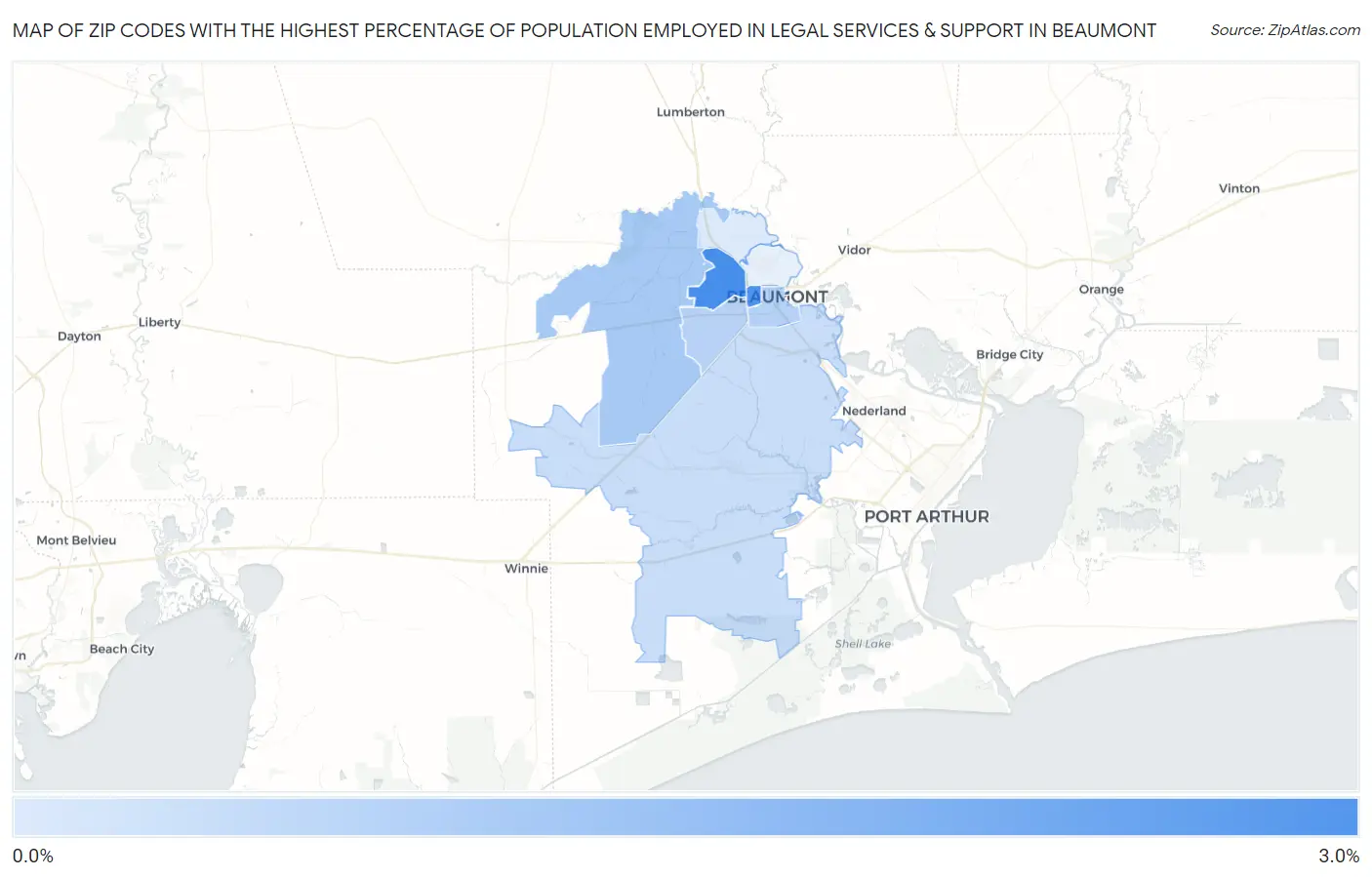 Zip Codes with the Highest Percentage of Population Employed in Legal Services & Support in Beaumont Map