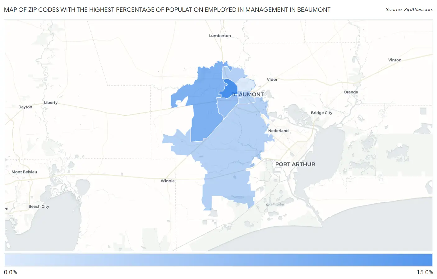 Zip Codes with the Highest Percentage of Population Employed in Management in Beaumont Map