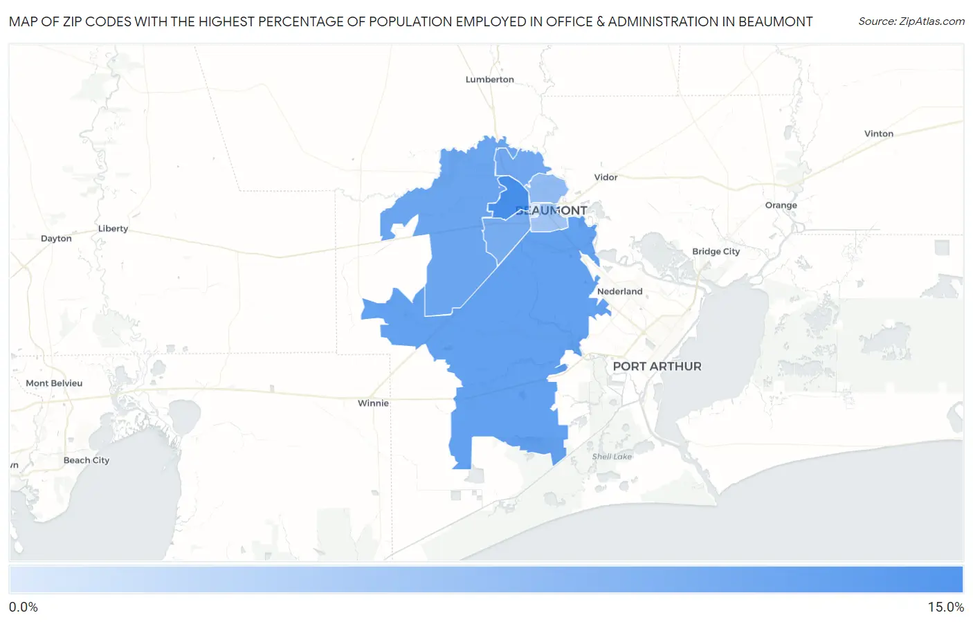 Zip Codes with the Highest Percentage of Population Employed in Office & Administration in Beaumont Map