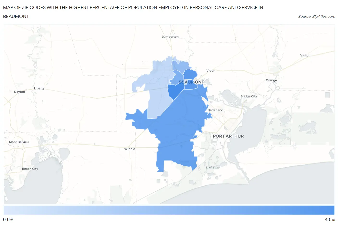 Zip Codes with the Highest Percentage of Population Employed in Personal Care and Service in Beaumont Map