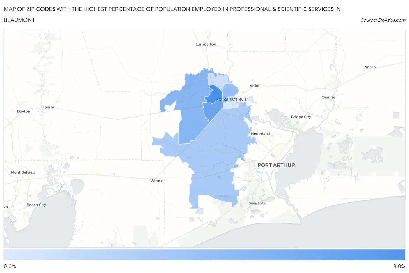 Zip Codes with the Highest Percentage of Population Employed in Professional & Scientific Services in Beaumont Map