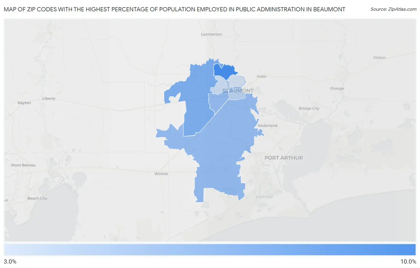 Zip Codes with the Highest Percentage of Population Employed in Public Administration in Beaumont Map