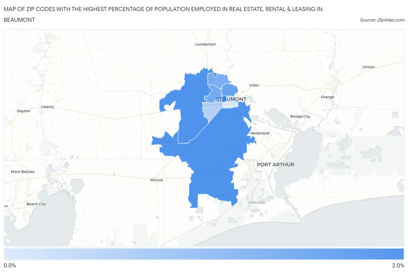 Zip Codes with the Highest Percentage of Population Employed in Real Estate, Rental & Leasing in Beaumont Map