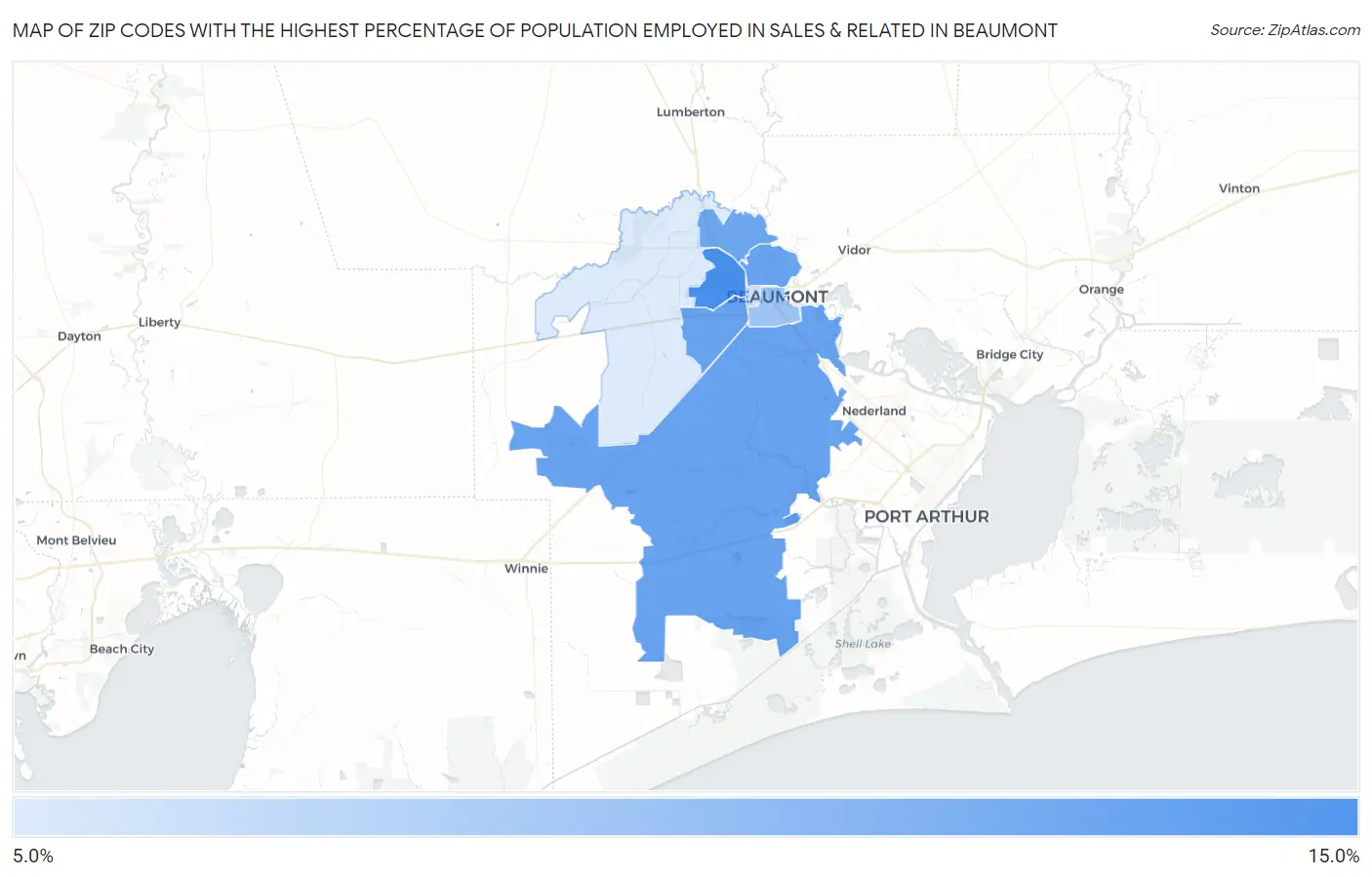 Zip Codes with the Highest Percentage of Population Employed in Sales & Related in Beaumont Map