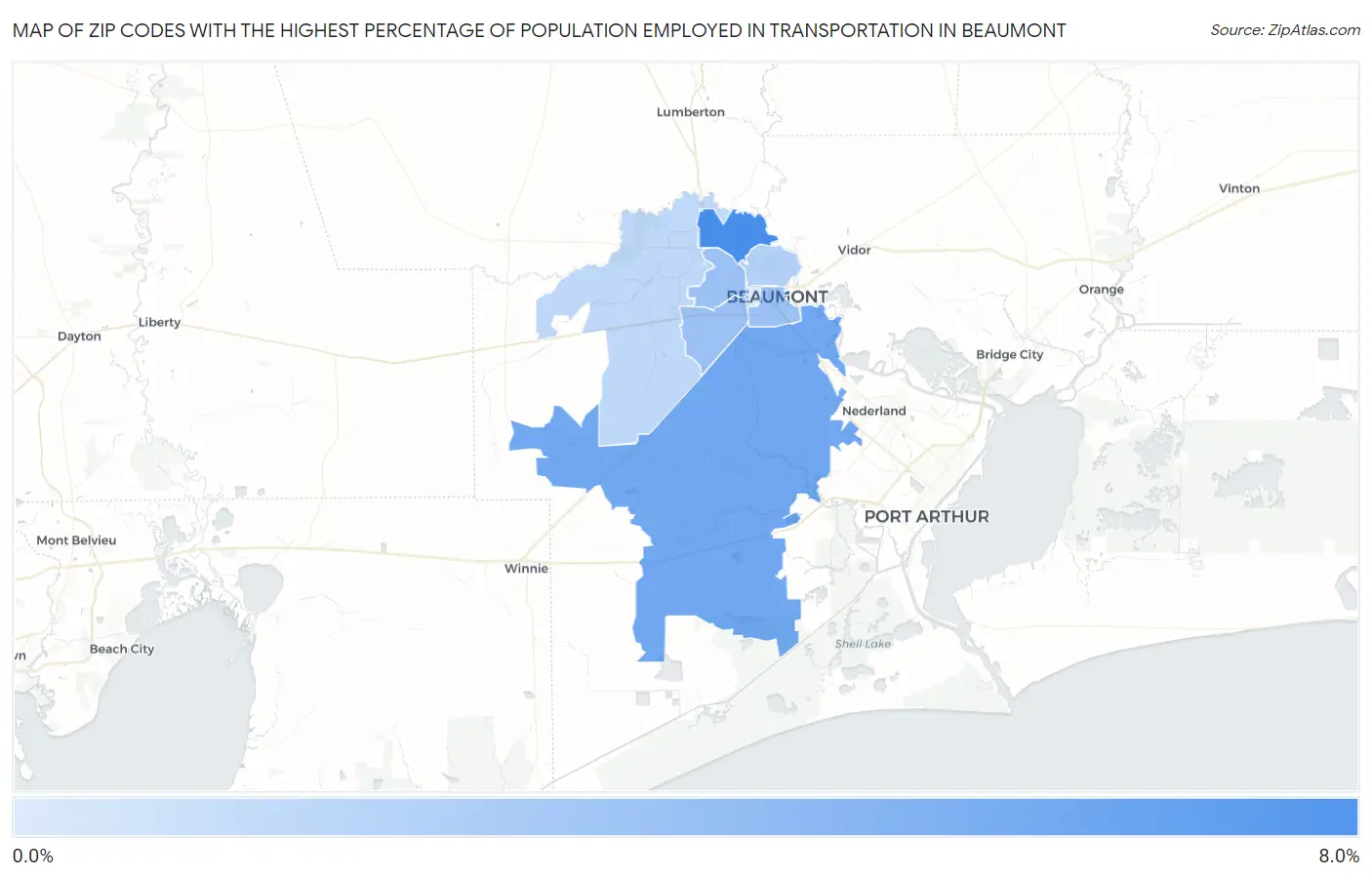 Zip Codes with the Highest Percentage of Population Employed in Transportation in Beaumont Map