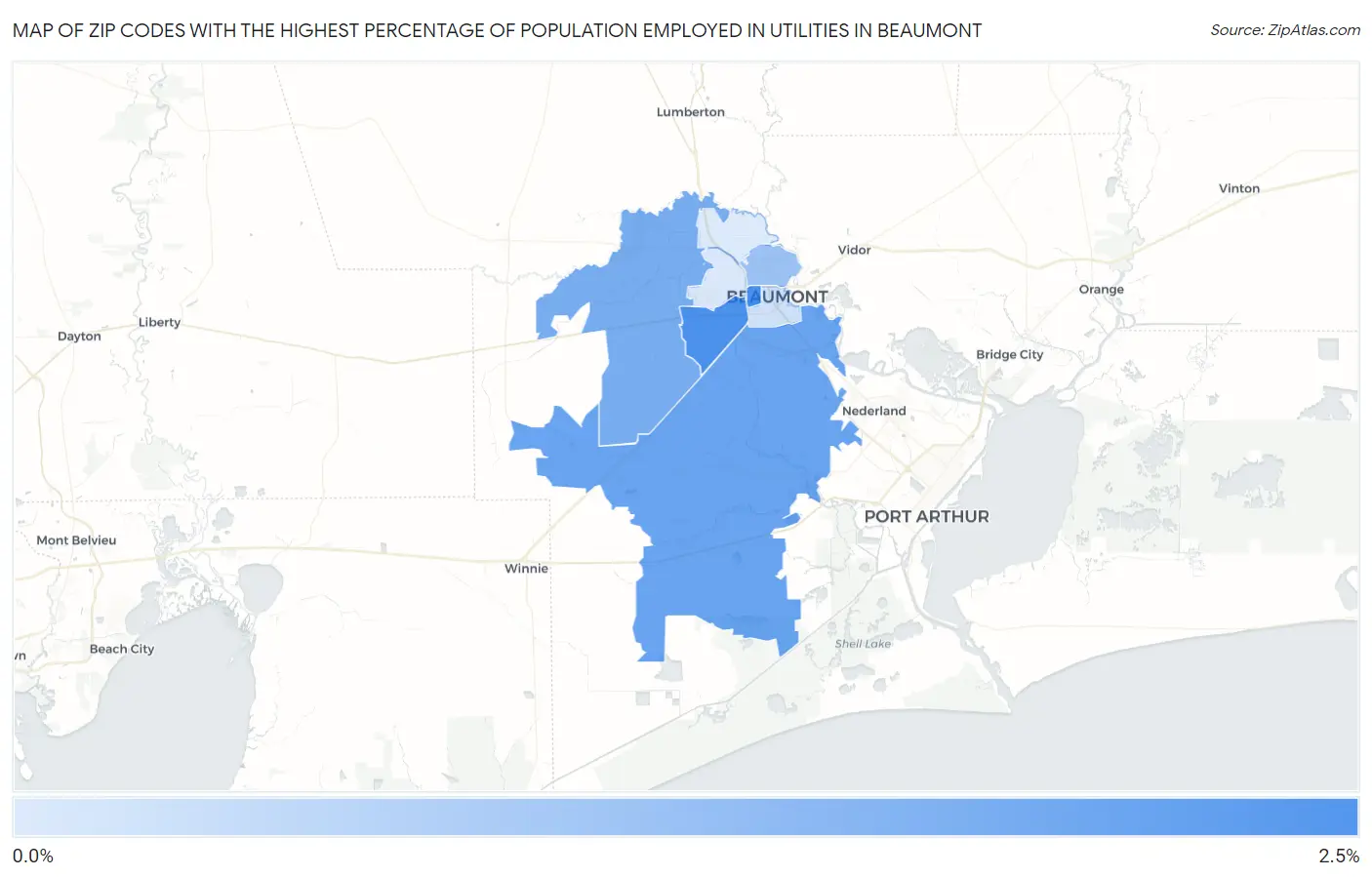 Zip Codes with the Highest Percentage of Population Employed in Utilities in Beaumont Map