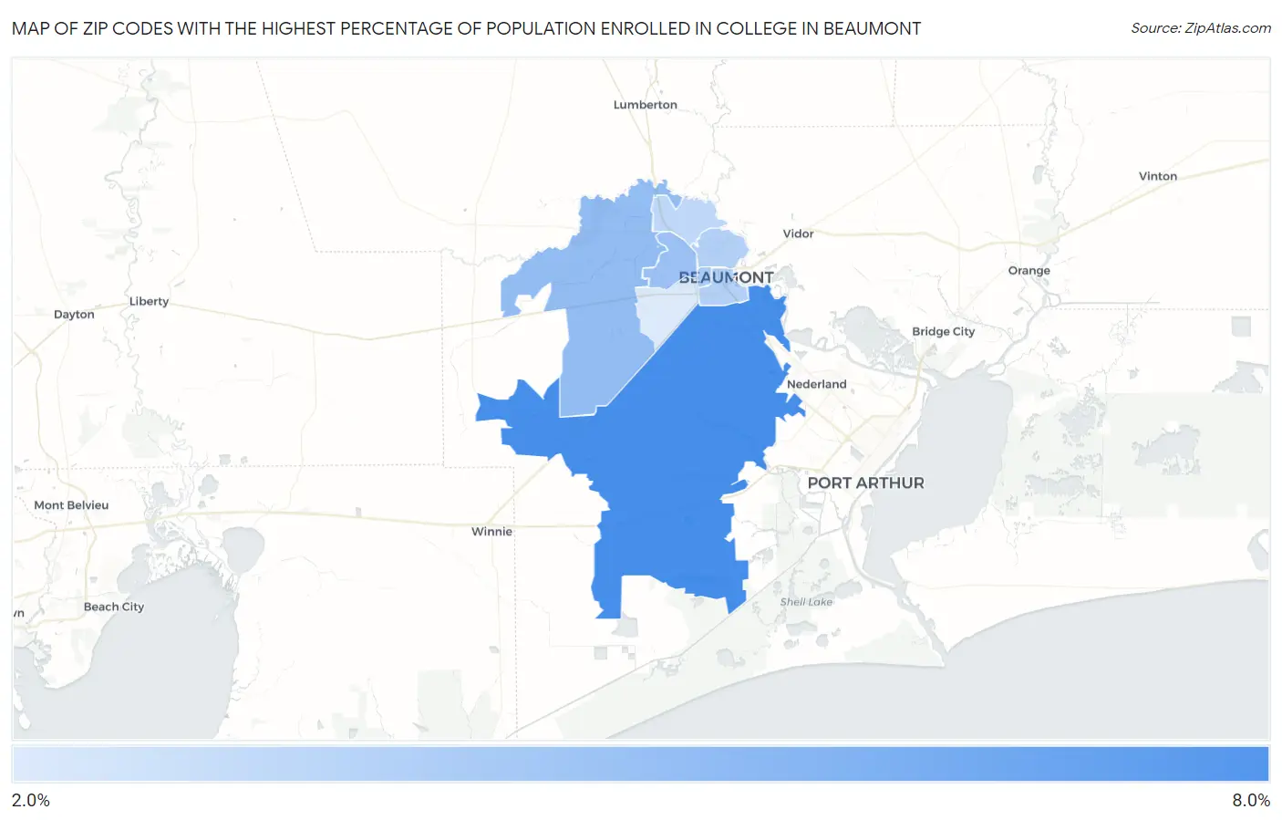 Zip Codes with the Highest Percentage of Population Enrolled in College in Beaumont Map