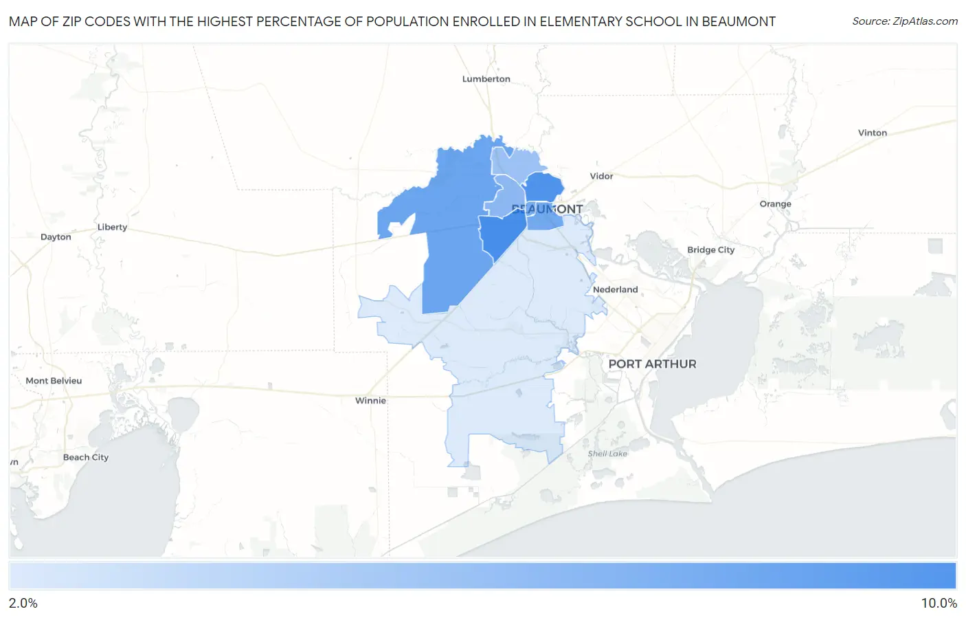 Zip Codes with the Highest Percentage of Population Enrolled in Elementary School in Beaumont Map