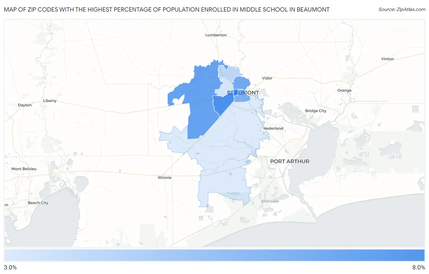 Zip Codes with the Highest Percentage of Population Enrolled in Middle School in Beaumont Map