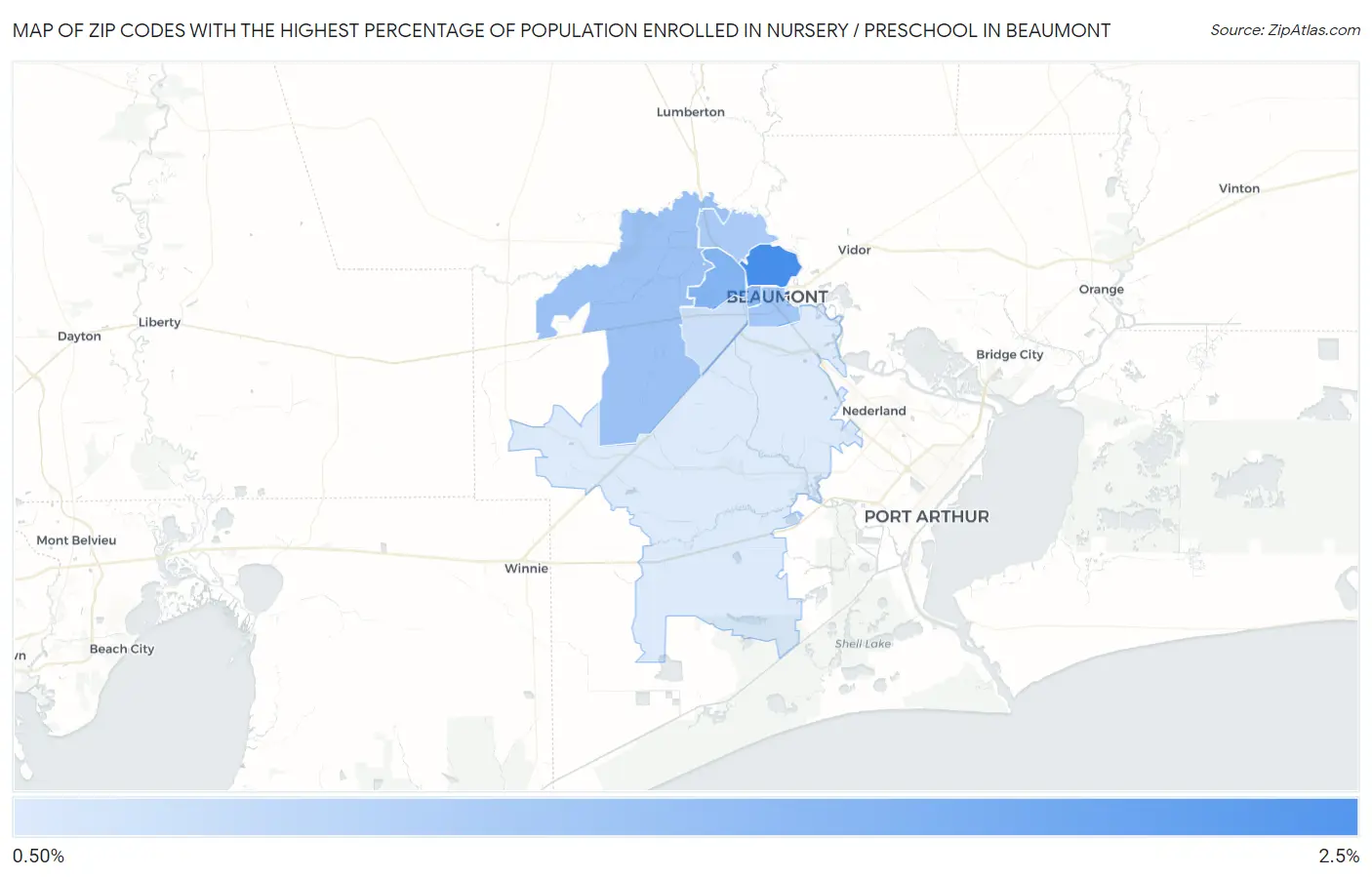 Zip Codes with the Highest Percentage of Population Enrolled in Nursery / Preschool in Beaumont Map