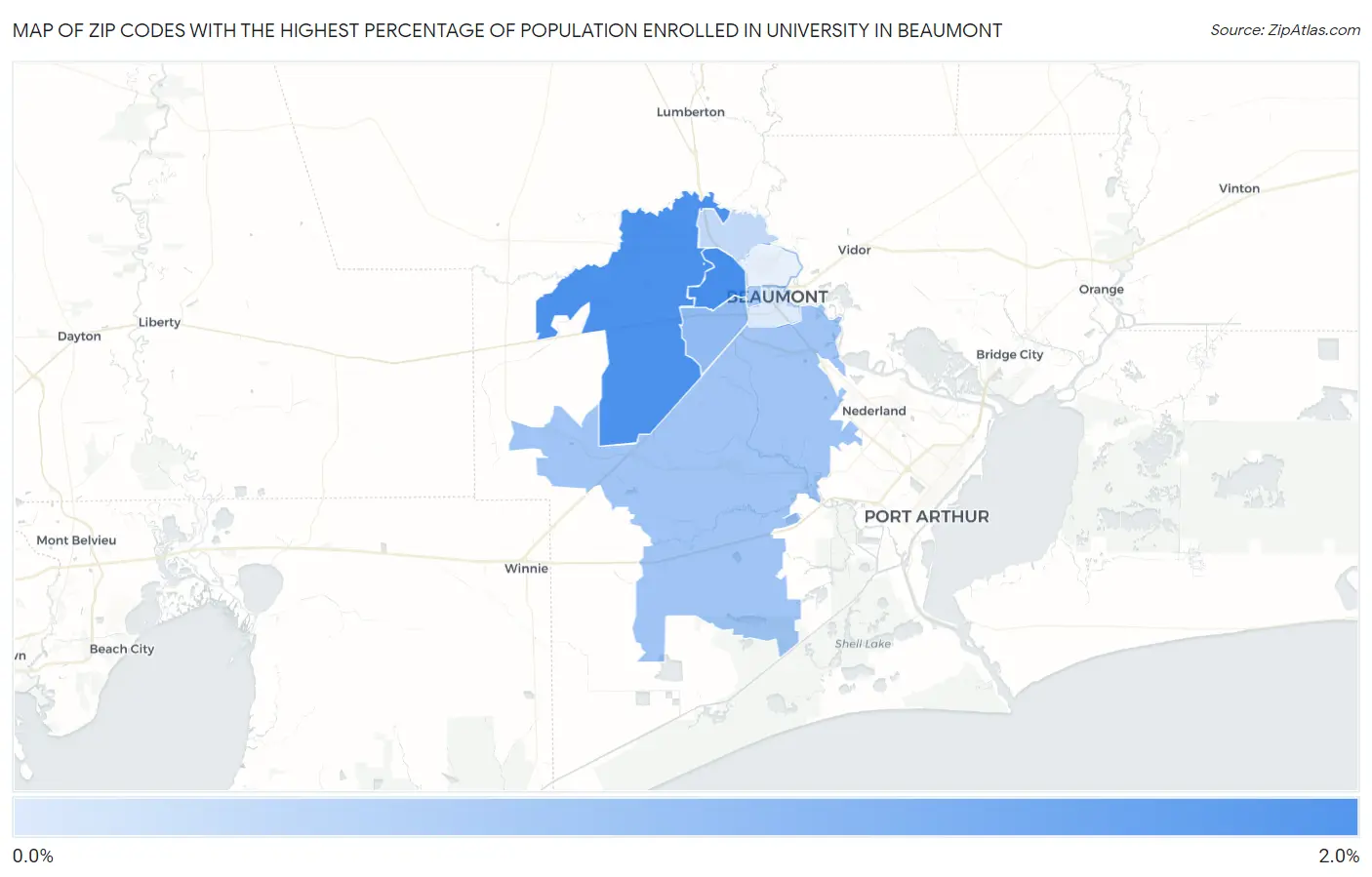Zip Codes with the Highest Percentage of Population Enrolled in University in Beaumont Map