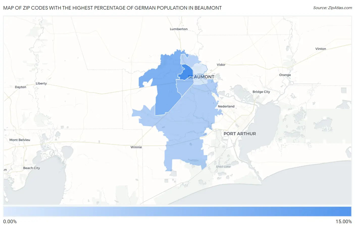 Zip Codes with the Highest Percentage of German Population in Beaumont Map