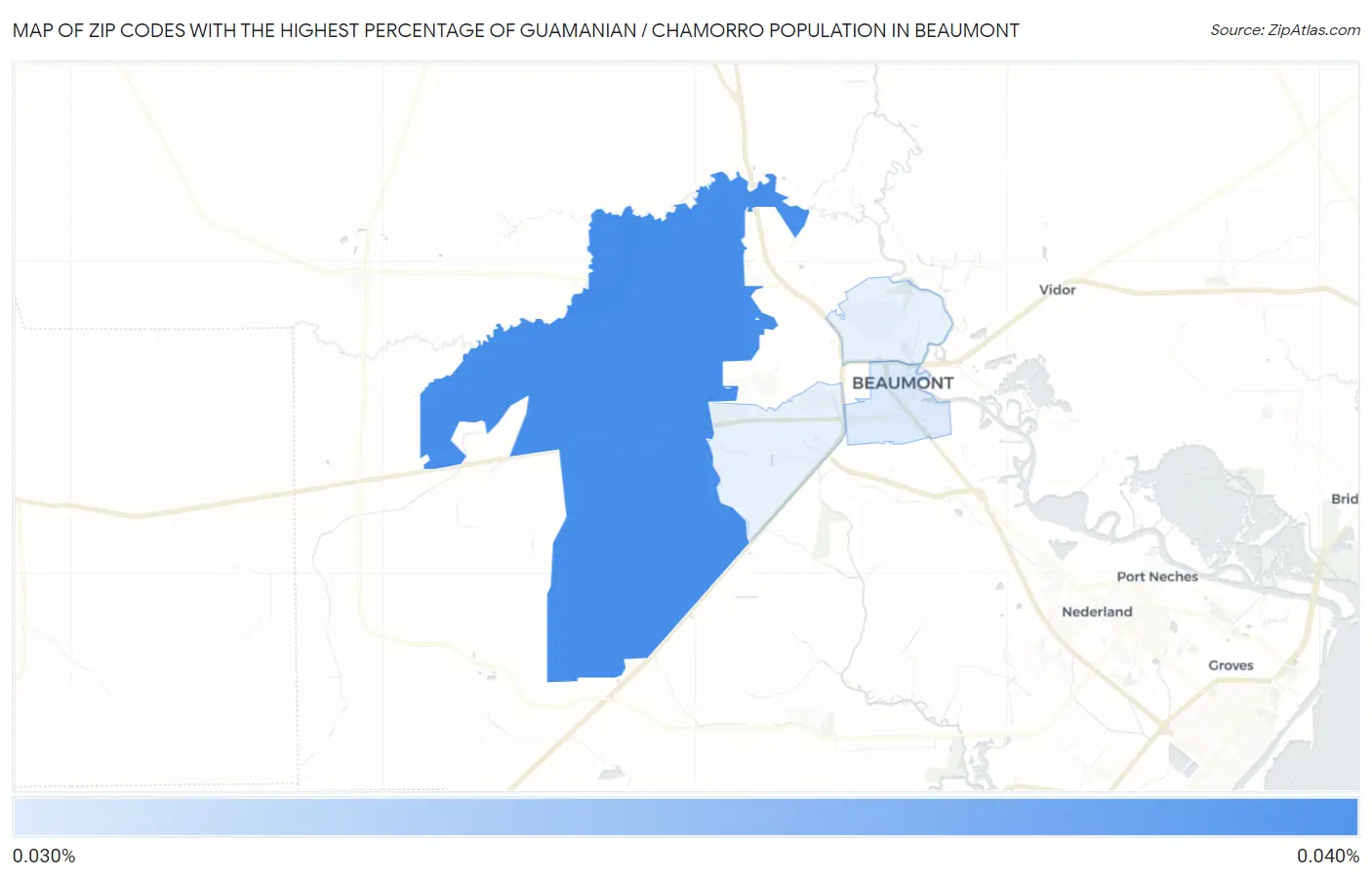 Zip Codes with the Highest Percentage of Guamanian / Chamorro Population in Beaumont Map