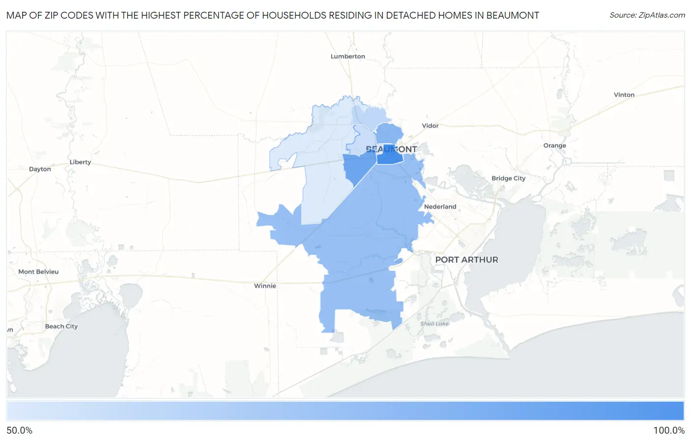 Zip Codes with the Highest Percentage of Households Residing in Detached Homes in Beaumont Map