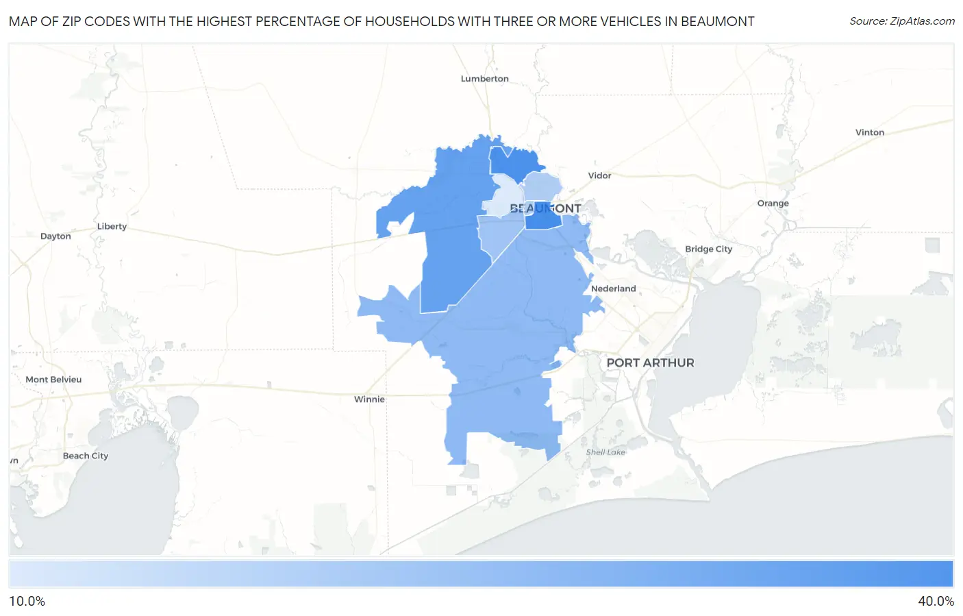 Zip Codes with the Highest Percentage of Households With Three or more Vehicles in Beaumont Map
