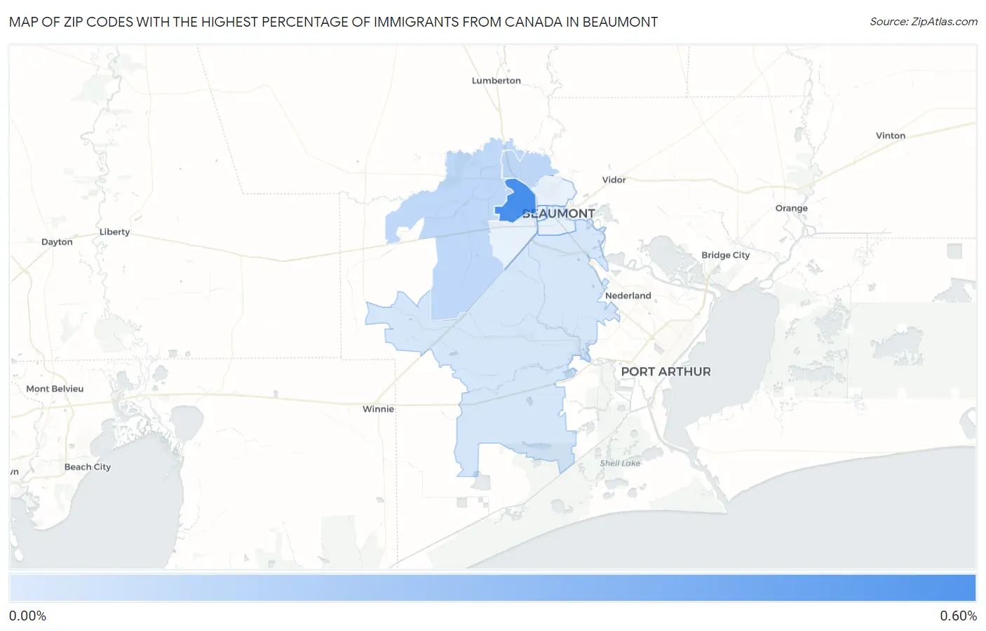 Zip Codes with the Highest Percentage of Immigrants from Canada in Beaumont Map