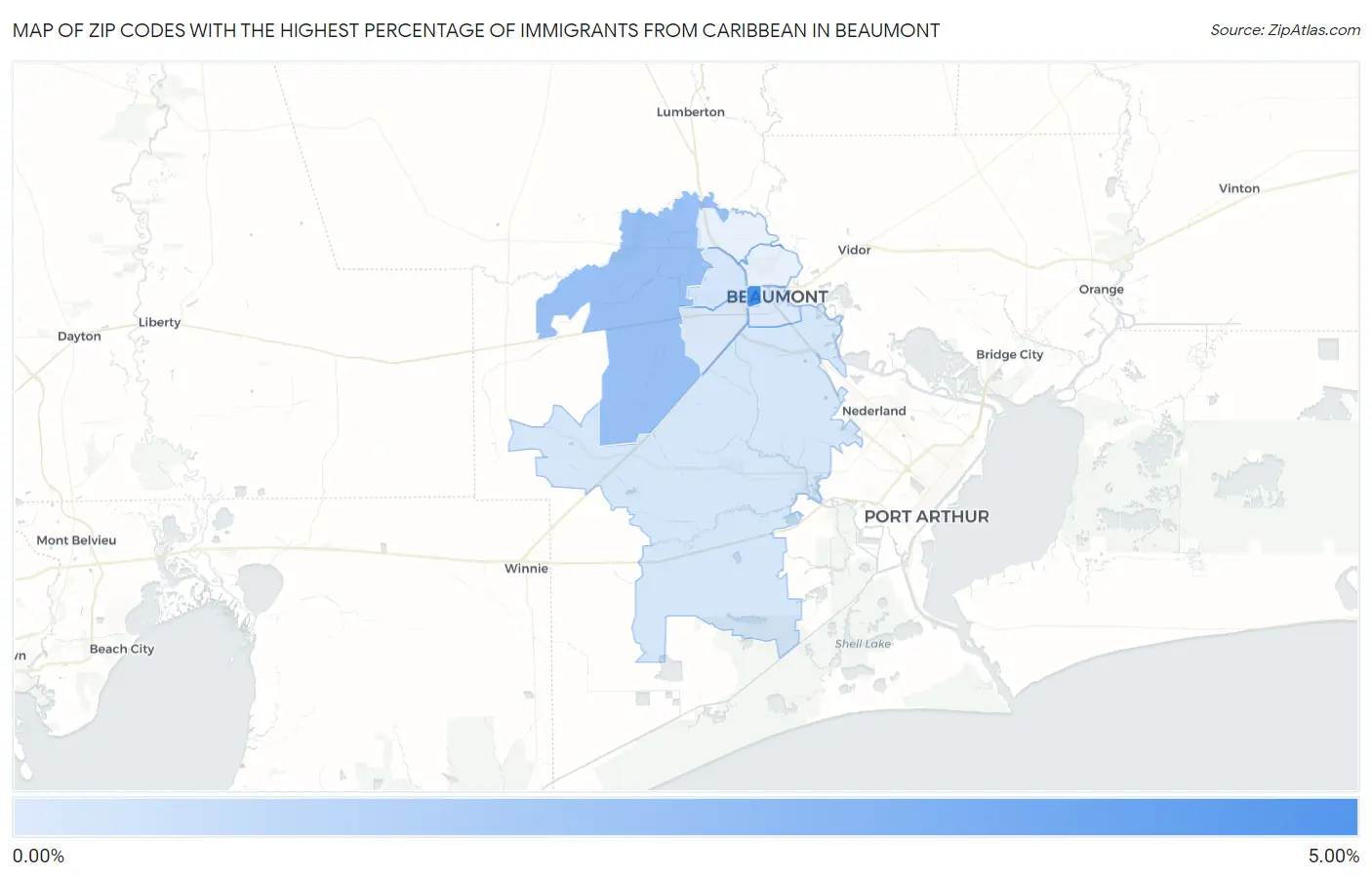 Zip Codes with the Highest Percentage of Immigrants from Caribbean in Beaumont Map