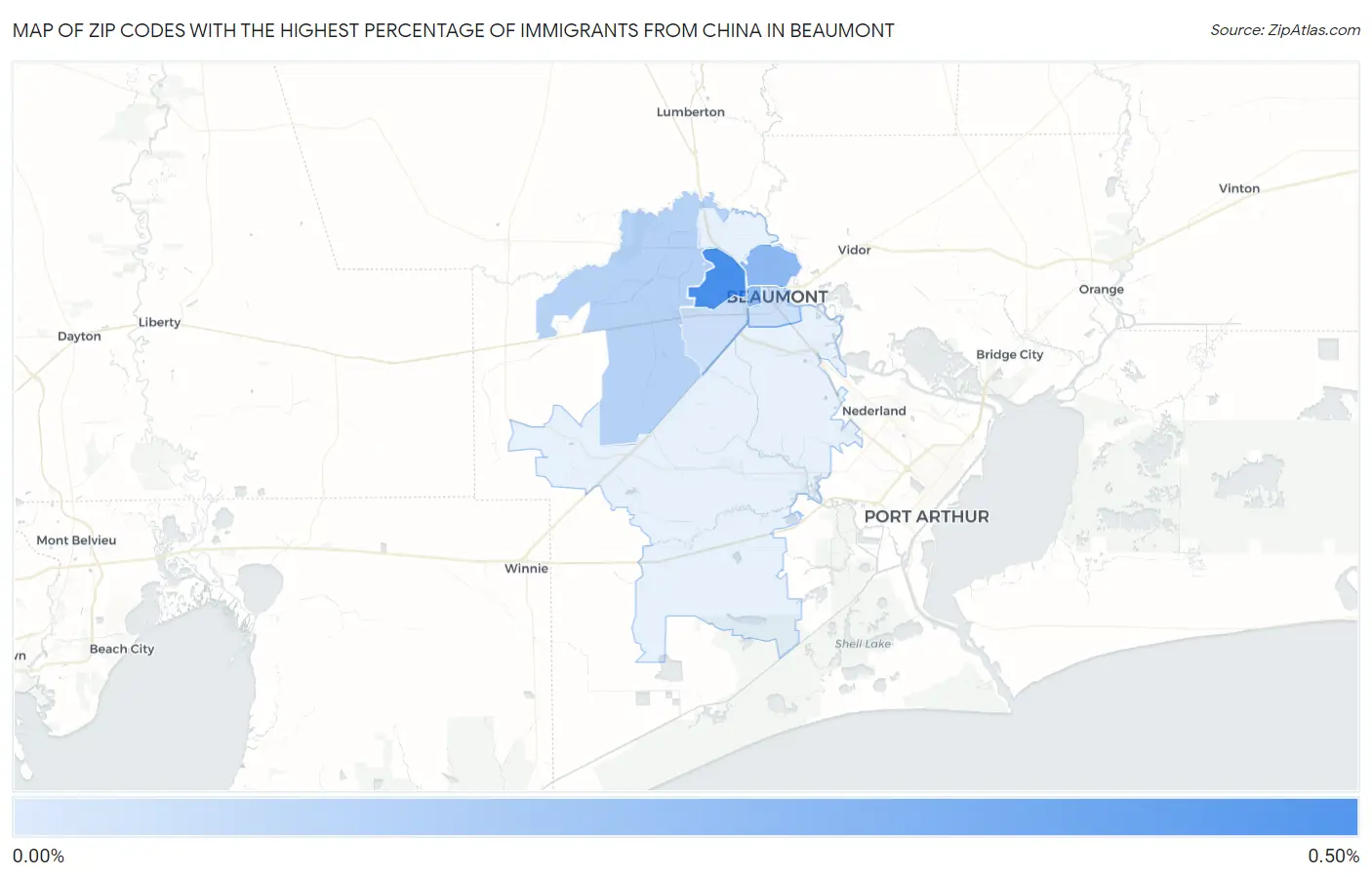 Zip Codes with the Highest Percentage of Immigrants from China in Beaumont Map