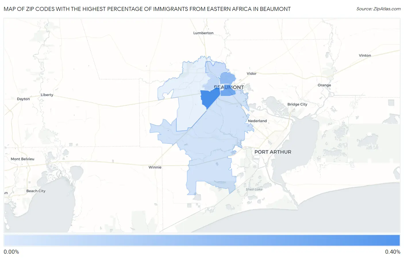 Zip Codes with the Highest Percentage of Immigrants from Eastern Africa in Beaumont Map