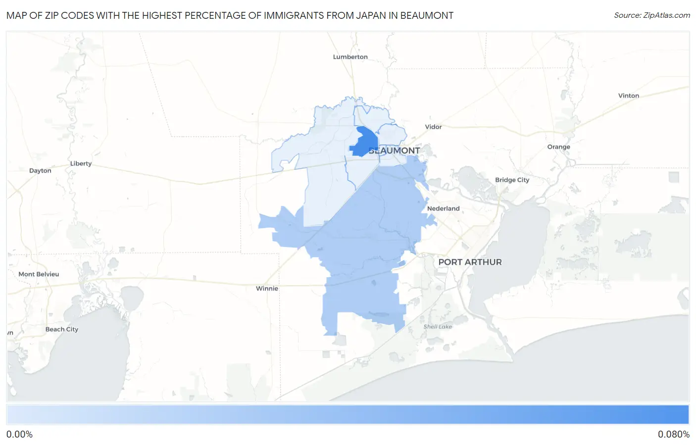 Zip Codes with the Highest Percentage of Immigrants from Japan in Beaumont Map